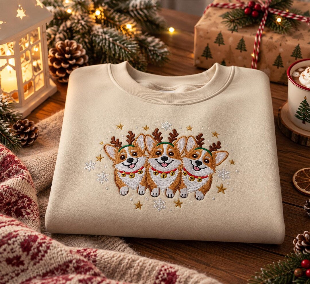 Christmas Three Reindeer Corgi Jingle Bell Snowflake Stars embroidered sweatshirt — front view