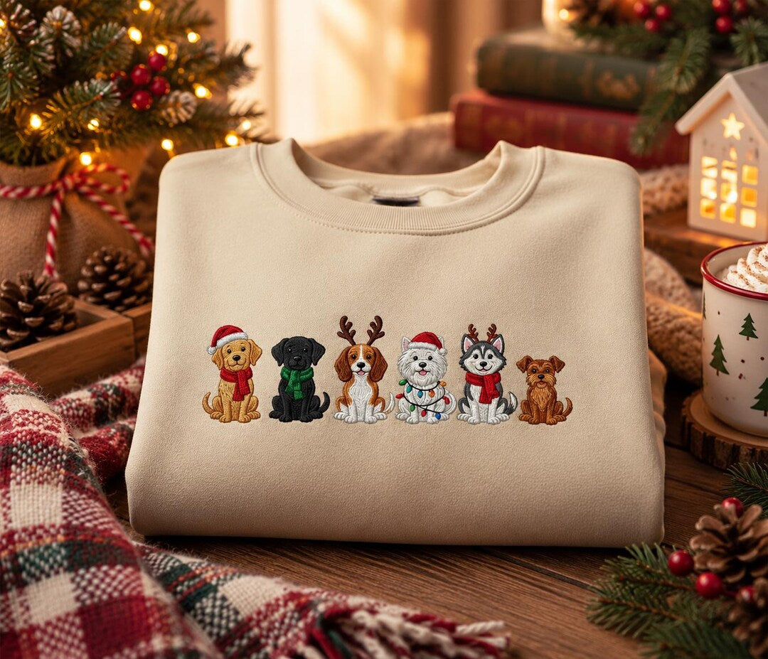 Christmas Dogs Santa Hat Reindeer Antlers Holiday Lights Six Dogs embroidered sweatshirt — front view