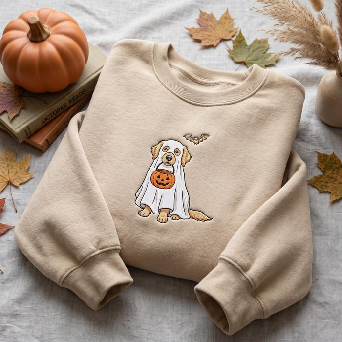 Golden Retriever Ghost Costume Pumpkin Bucket Halloween Custom Name Embroidered Sweatshirt