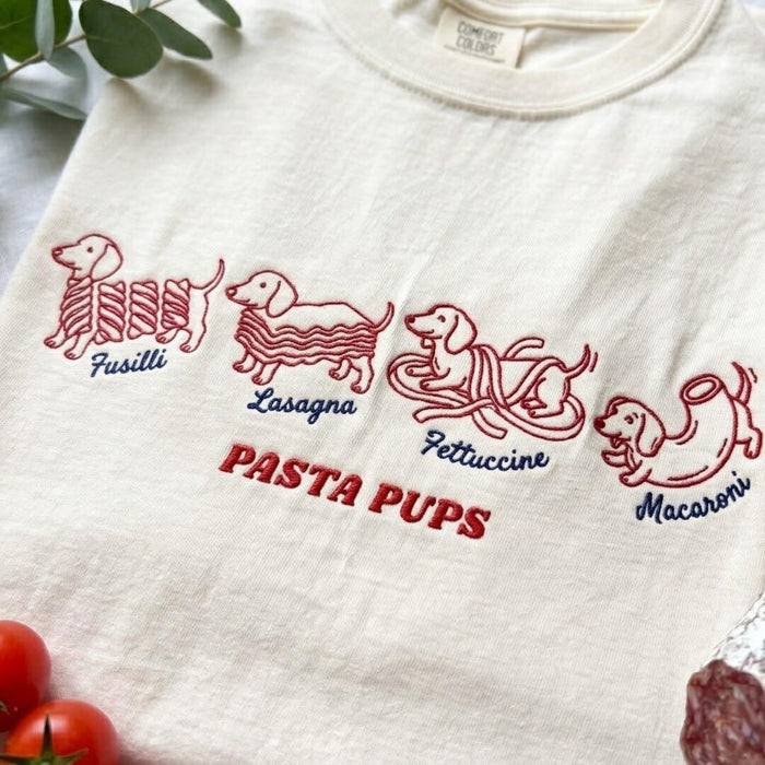 Pasta Pups Four Dachshunds Fusilli Lasagna Fettuccine Macaroni Funny Foodie Embroidered T-Shirt