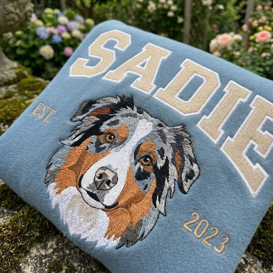 Personalized Custom Dog Face Varsity Name Year Australian Shepherd embroidered hoodie — front view