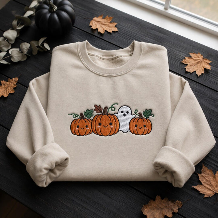 Personalized Halloween Cute Pumpkin Ghost Trio Kawaii embroidered sweatshirt — front view