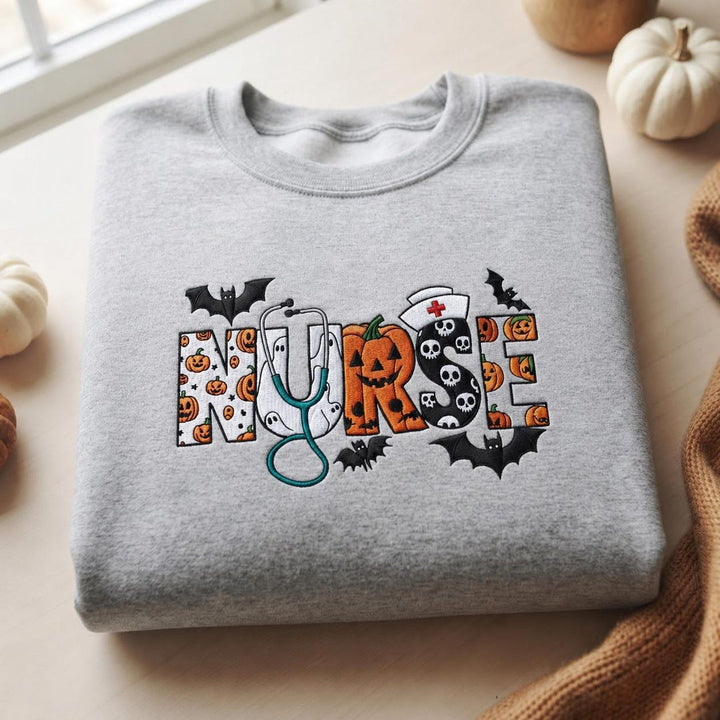 Halloween Nurse Pumpkin Jack-O-Lantern Bat Ghost Skull Stethoscope Spooky embroidered sweatshirt — front view