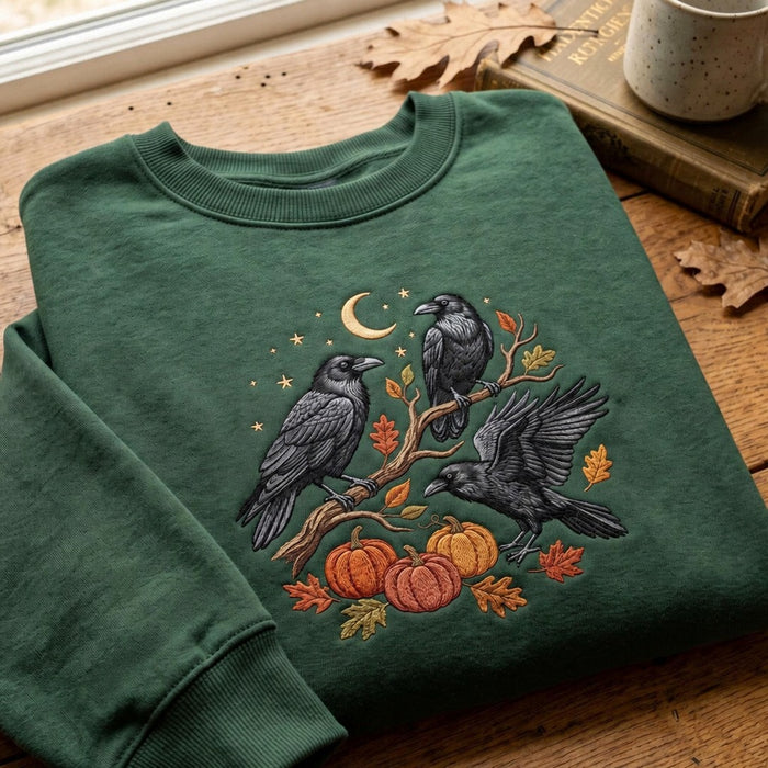 Personalized Halloween Three Ravens Pumpkin Autumn Moon Stars Embroidered Sweatshirt