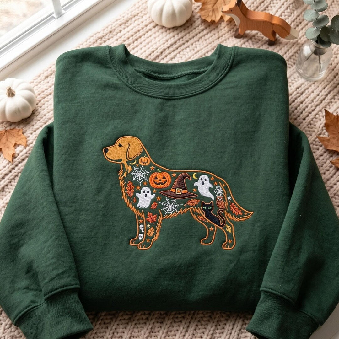 Halloween Golden Retriever Ghost Pumpkin Witch Hat Spooky Dog Custom Name embroidered sweatshirt — front view
