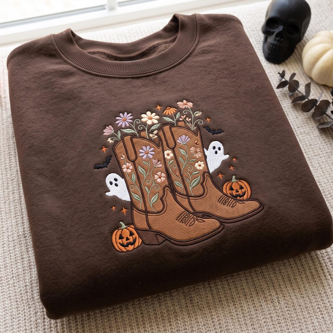 Halloween Cowgirl Boots Wildflowers Ghost Pumpkin Bats Spooky Western embroidered sweatshirt — front view
