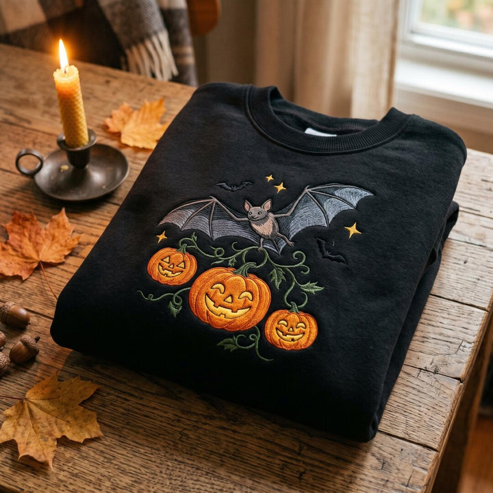 Halloween Bat Jack O Lantern Pumpkin Vine Stars embroidered sweatshirt — front view