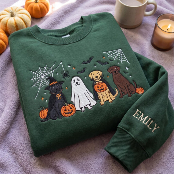 Personalized Halloween Labrador Dogs Ghost Witch Vampire Pumpkin Spiderweb Embroidered Sweatshirt
