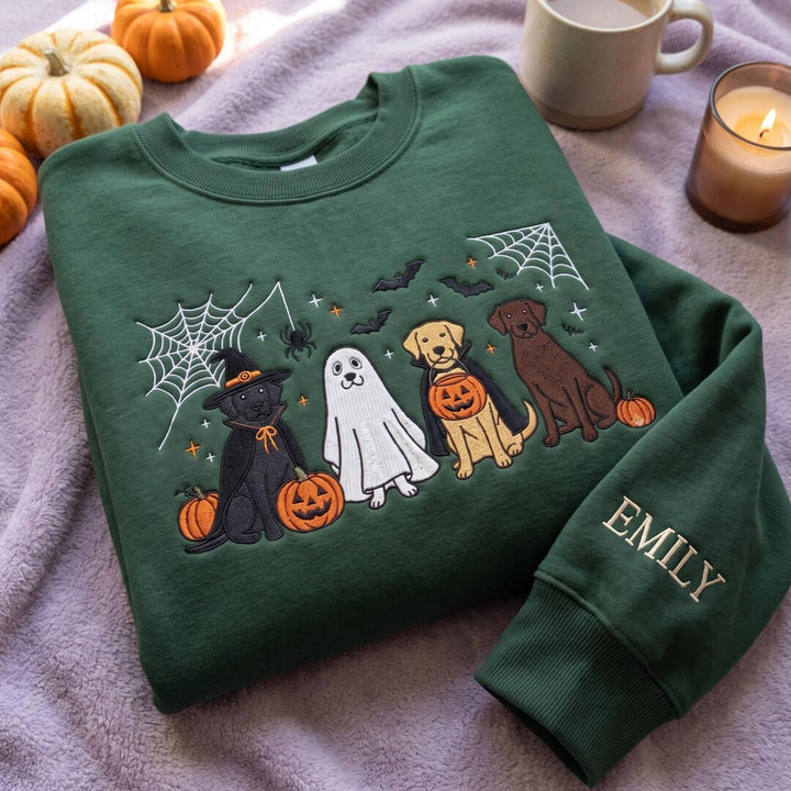 Personalized Halloween Labrador Dogs Ghost Witch Vampire Pumpkin Spiderweb embroidered sweatshirt — front view
