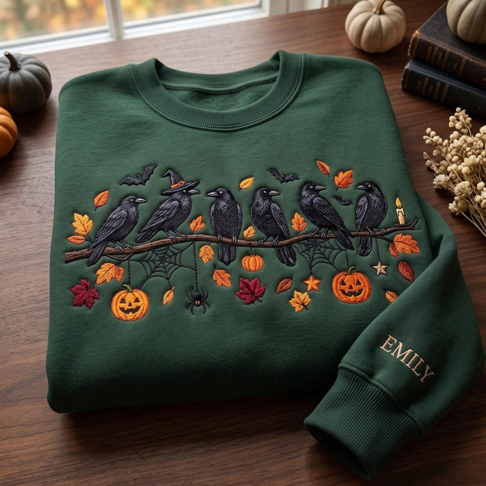 Personalized Halloween Ravens Witch Hat Pumpkin Jack-O-Lantern Autumn Leaves Embroidered Sweatshirt