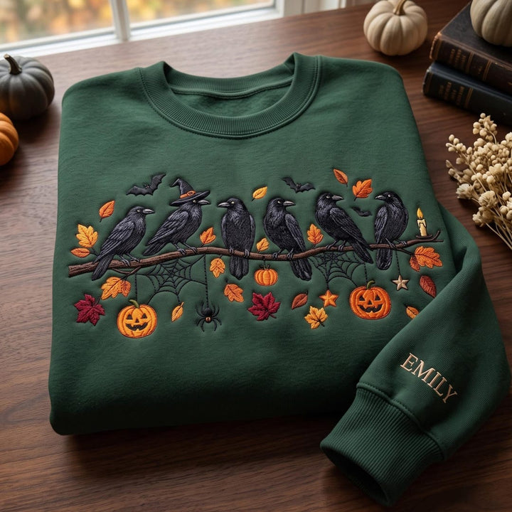 Personalized Halloween Ravens Witch Hat Pumpkin Jack-O-Lantern Autumn Leaves embroidered sweatshirt — front view