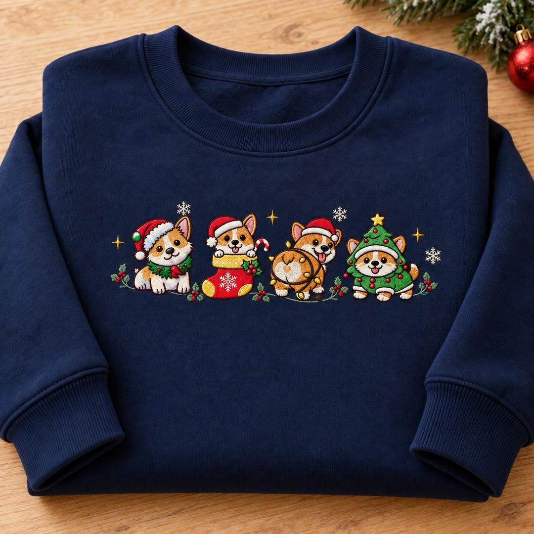 Personalized Christmas Corgi Four Scenes Santa Hat Stocking Tree Holiday embroidered sweatshirt — front view