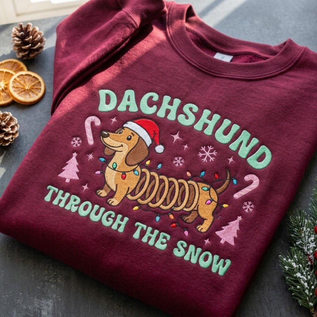 Dachshund Through the Snow Christmas Lights Santa Hat Funny Holiday embroidered sweatshirt — front view