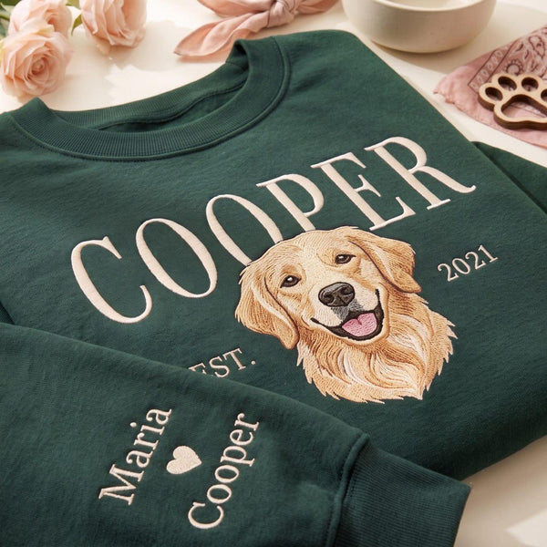 Personalized Custom Pet Photo Portrait Dog Name Year Sleeve Names embroidered sweatshirt — front view