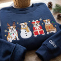 Personalized Christmas English Bulldog Reindeer Snowman Gift Box Gingerbread Four Dogs embroidered sweatshirt — front view
