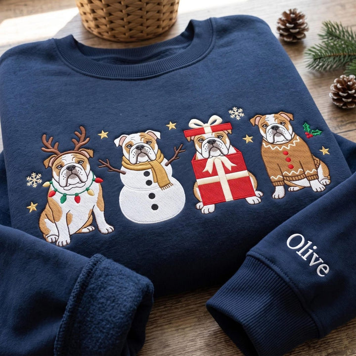 Personalized Christmas English Bulldog Reindeer Snowman Gift Box Gingerbread Four Dogs embroidered sweatshirt — front view