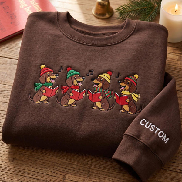 Personalized Christmas Dachshund Caroling Choir Holiday Hats Scarves embroidered sweatshirt — front view