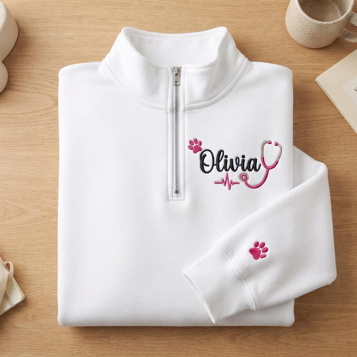 Personalized VET Nurse Paw Print Stethoscope Heartbeat Custom Name Embroidered Quarter-Zip