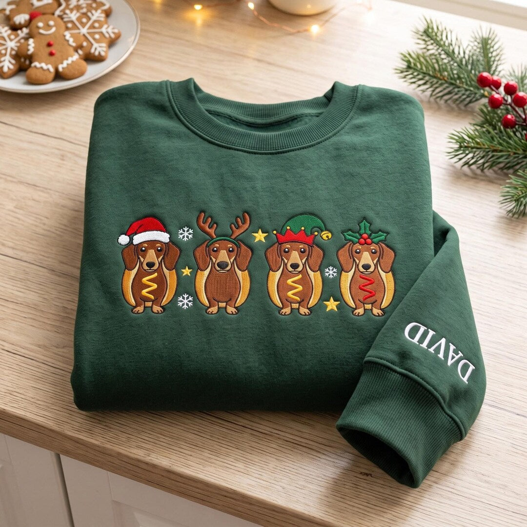 Personalized Christmas Dachshund Hot Dog Santa Reindeer Elf Holly Four Dogs Custom Name embroidered sweatshirt — front view