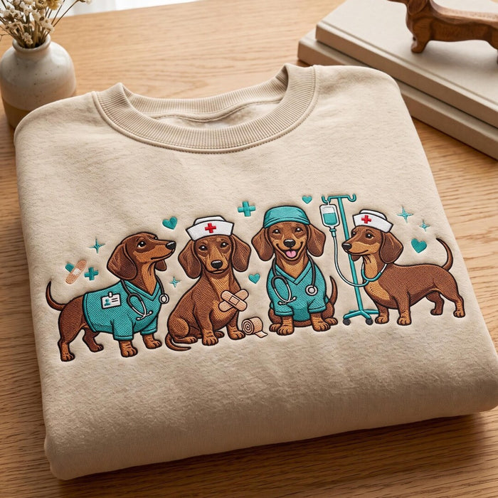 Dachshund Nurse Wiener Dog Medical Scrubs Stethoscope IV Embroidered Sweatshirt