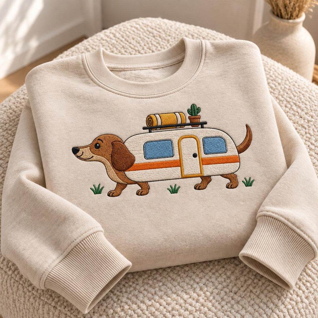 Personalized Dachshund Camper RV Camping Wiener Dog embroidered sweatshirt — front view