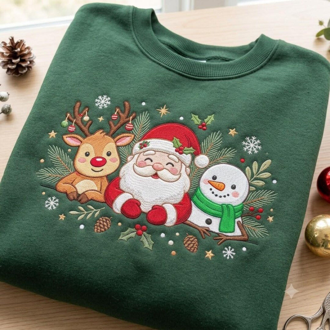 Christmas Santa Reindeer Snowman Holly Pine Festive embroidered sweatshirt — front view