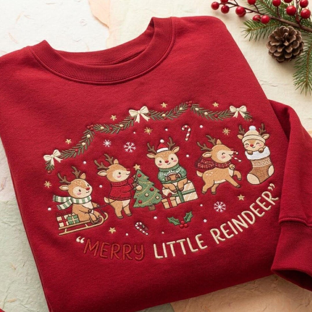 Merry Little Reindeer Five Cute Deer Christmas Scene embroidered sweatshirt — front view