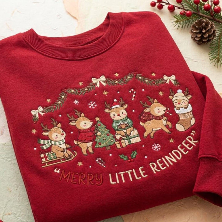 Merry Little Reindeer Five Cute Deer Christmas Scene embroidered sweatshirt — front view