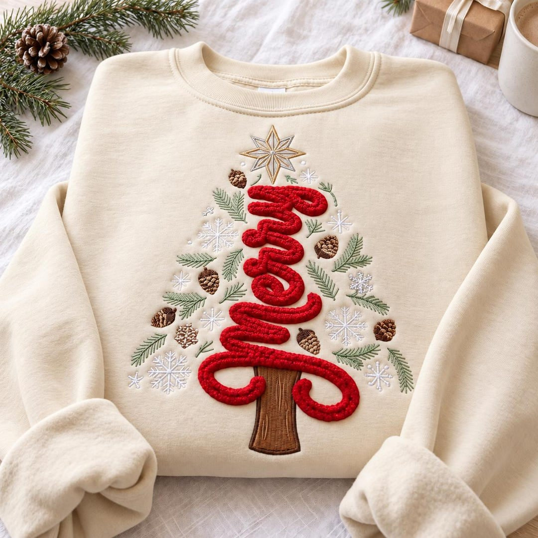 Merry Christmas Tree Pine Cone Snowflake Star embroidered sweatshirt — front view