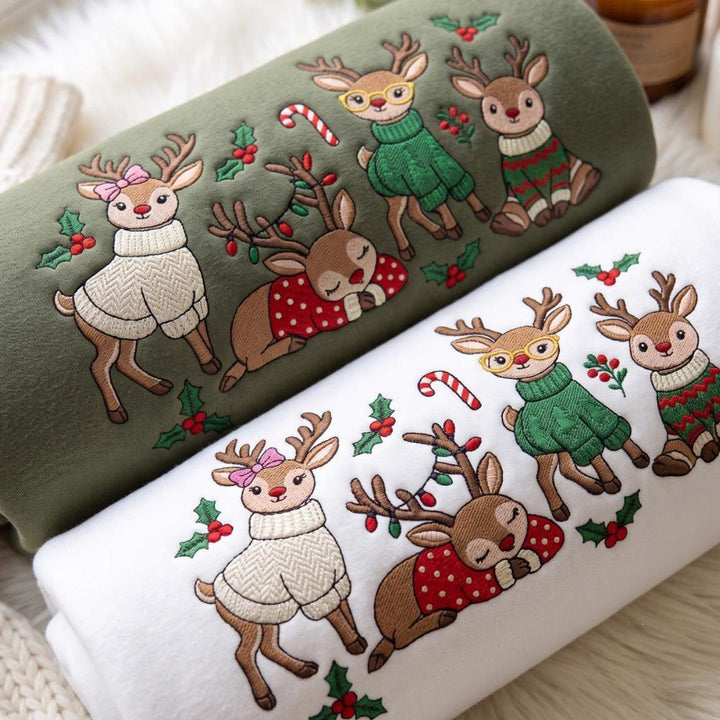 Christmas Reindeer Family Cute Sweater Holly Candy Cane embroidered sweatshirt — front view