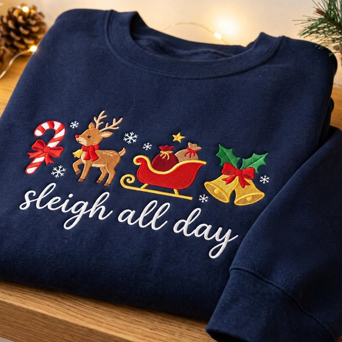 Personalized Sleigh All Day Reindeer Candy Cane Christmas Bells Embroidered Sweatshirt