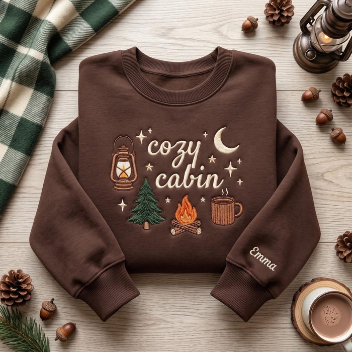 Personalized Cozy Cabin Campfire Lantern Pine Tree Moon Coffee Mug Stars Embroidered Sweatshirt