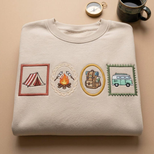 Camping Outdoor Tent Campfire Backpack Camper Van Vintage Stamp Frame embroidered sweatshirt — front view