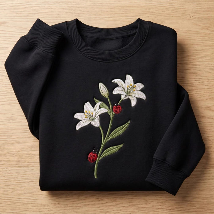 White Lily Ladybug Botanical Floral Garden Embroidered Sweatshirt