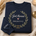Personalized Just Married Floral Wreath Couple embroidered sweatshirt — front view