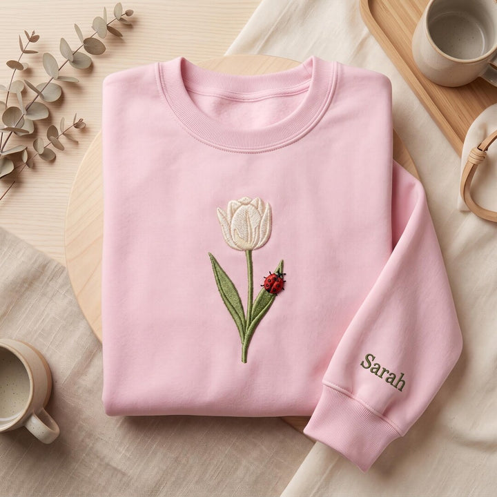 Personalized Tulip Ladybug Floral Spring embroidered sweatshirt — front view
