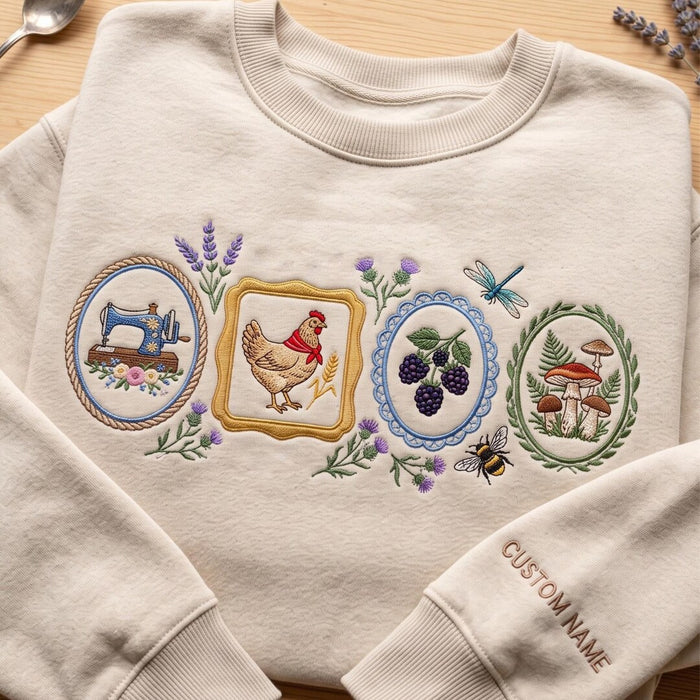 Personalized Cottagecore Chicken Sewing Machine Mushroom Blackberry Botanical Cameo Embroidered Sweatshirt