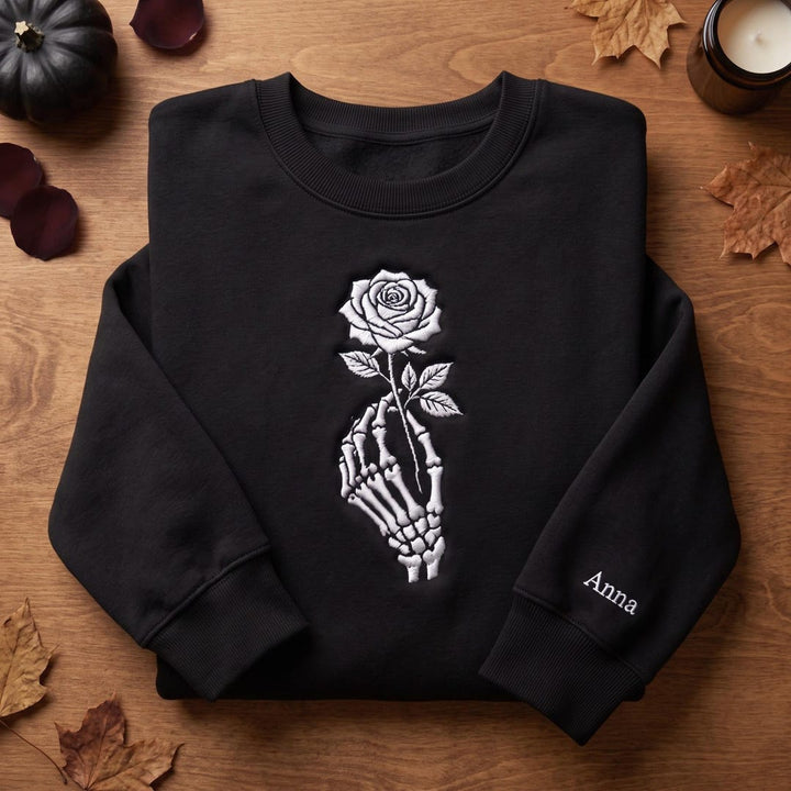Personalized Skeleton Hand Rose Gothic Dark Romance embroidered sweatshirt — front view