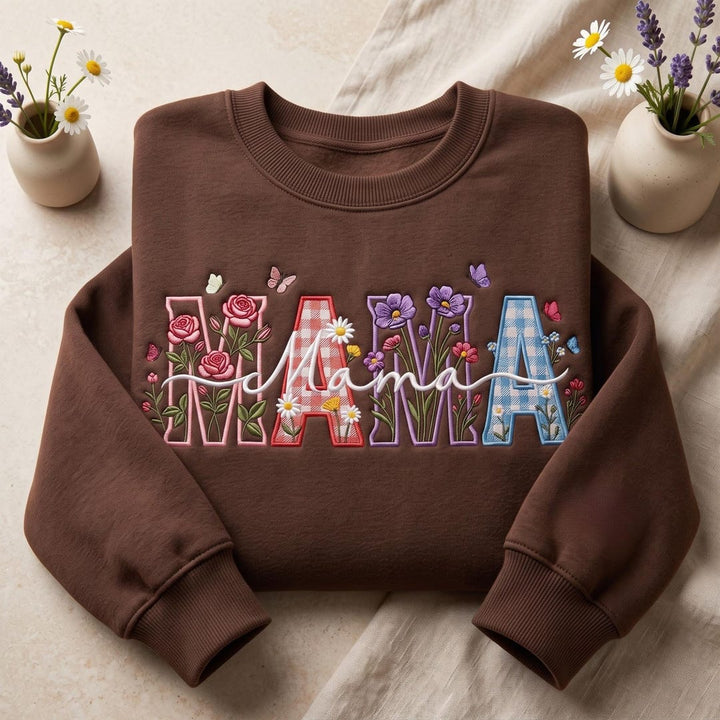 Personalized Floral Wildflower Mama Script Kids Names embroidered sweatshirt — front view
