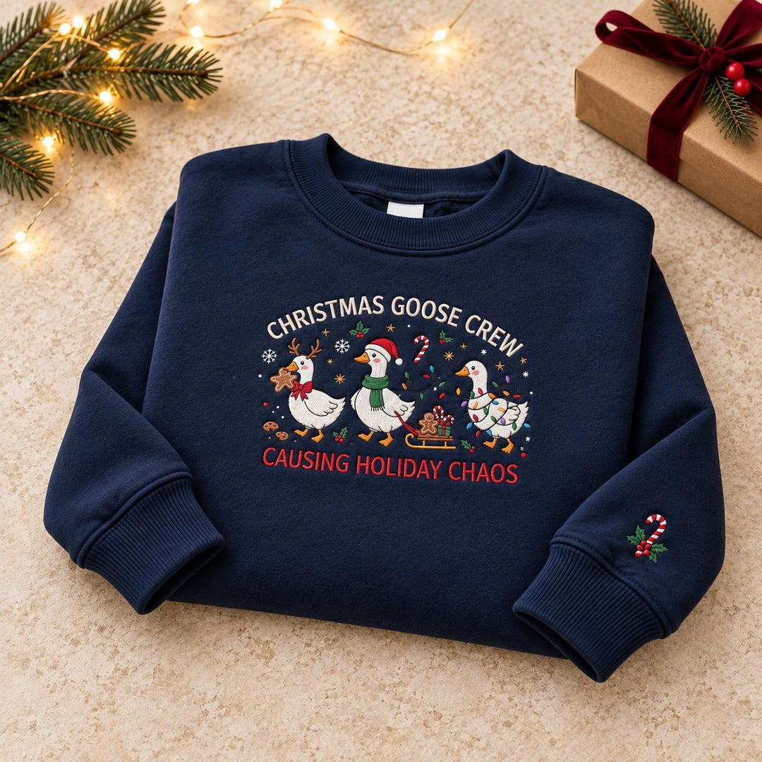 Christmas Goose Crew Causing Holiday Chaos Three Geese Santa Hat Candy Cane Sleigh embroidered sweatshirt — front view