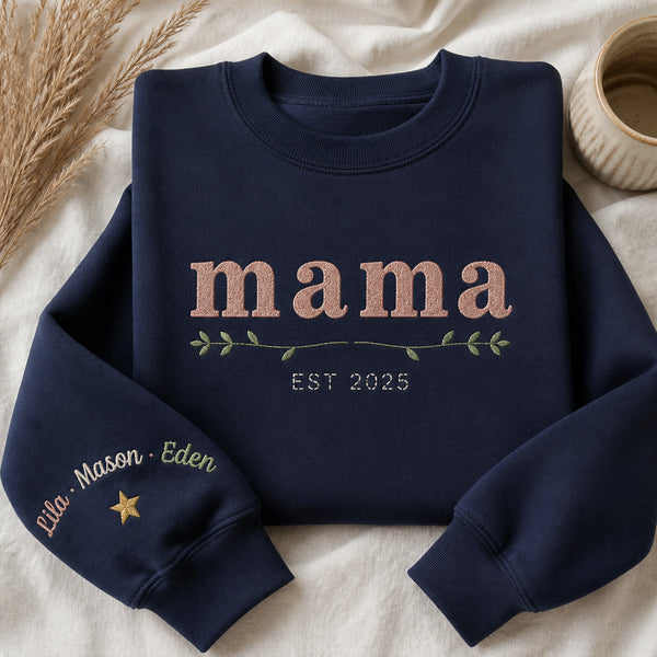 Personalized Mama EST Year Kids Names Sleeve embroidered sweatshirt — front view