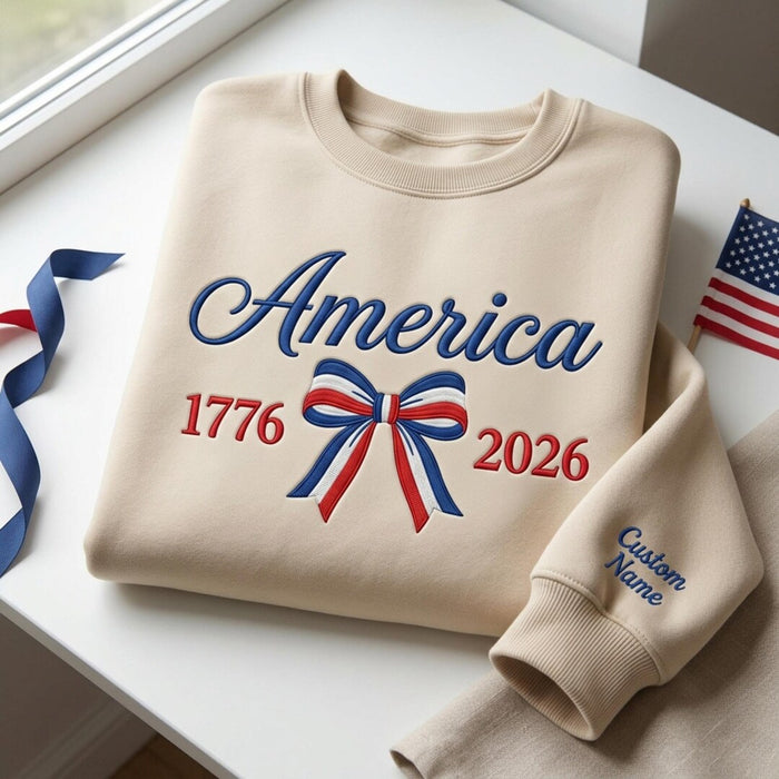 Personalized America 1776 2026 Patriotic Coquette Bow Custom Sleeve Name Embroidered Sweatshirt