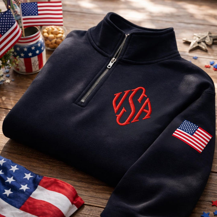 USA Monogram American Flag Sleeve Patriotic embroidered sweatshirt — front view