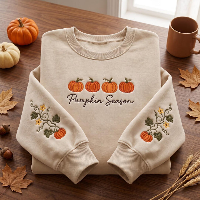 Personalized Pumpkin Season Four Pumpkins Vine Floral Sleeve Custom Name Embroidered Sweatshirt