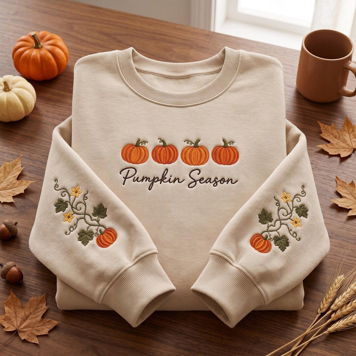 Personalized Pumpkin Season Four Pumpkins Vine Floral Sleeve Custom Name embroidered sweatshirt — front view