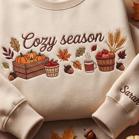 Personalized Cozy Season Pumpkin Crate Apple Basket Acorn Leaves Fall embroidered sweatshirt — front view