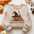 Personalized Halloween Witch Pumpkin Jack-O-Lantern Broom Spooky Season Sleeve Name embroidered sweatshirt — front view
