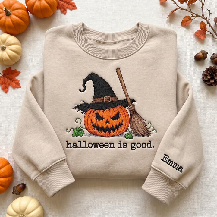 Personalized Halloween Witch Pumpkin Jack-O-Lantern Broom Spooky Season Sleeve Name embroidered sweatshirt — front view