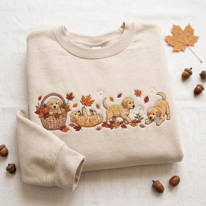 Autumn Golden Retriever Puppies Basket Leaves Daisies Pumpkin Embroidered Hoodie