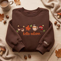 Personalized Hello Autumn Acorn Maple Leaf Coffee Mushroom Sleeve Name embroidered sweatshirt — front view